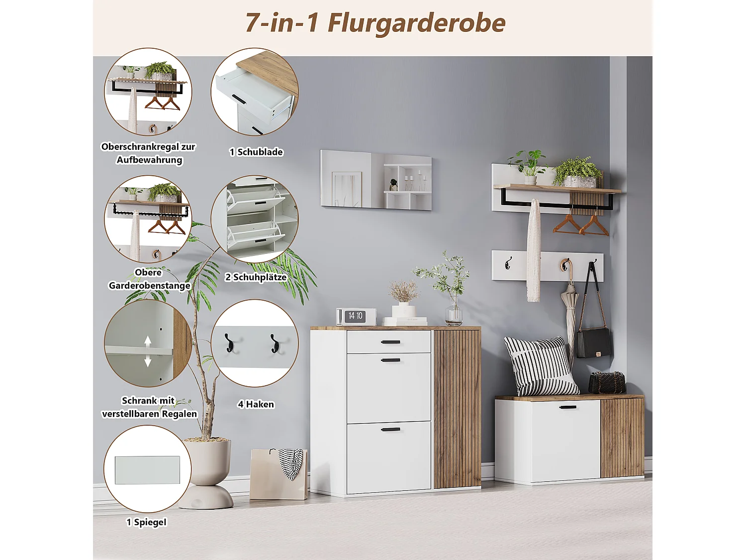 Vestiaire 5 pièces - avec meuble à chaussures + banc à chaussures + miroir + porte-manteau (4 crochets) - aggloméré - blanc