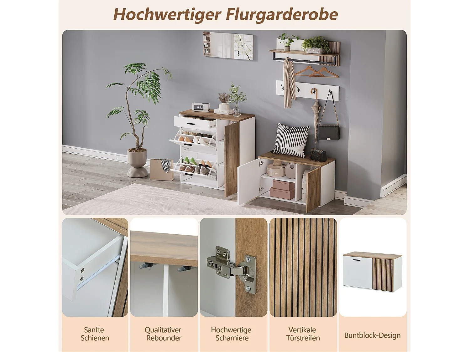 Vestiaire 5 pièces - avec meuble à chaussures + banc à chaussures + miroir + porte-manteau (4 crochets) - aggloméré - blanc