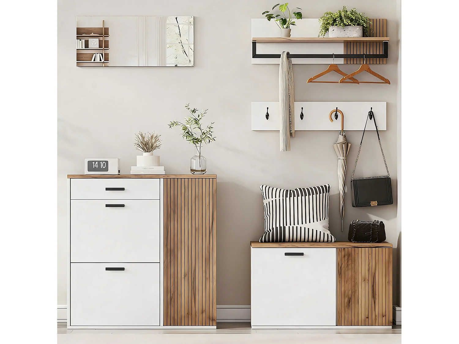 Vestiaire 5 pièces - avec meuble à chaussures + banc à chaussures + miroir + porte-manteau (4 crochets) - aggloméré - blanc