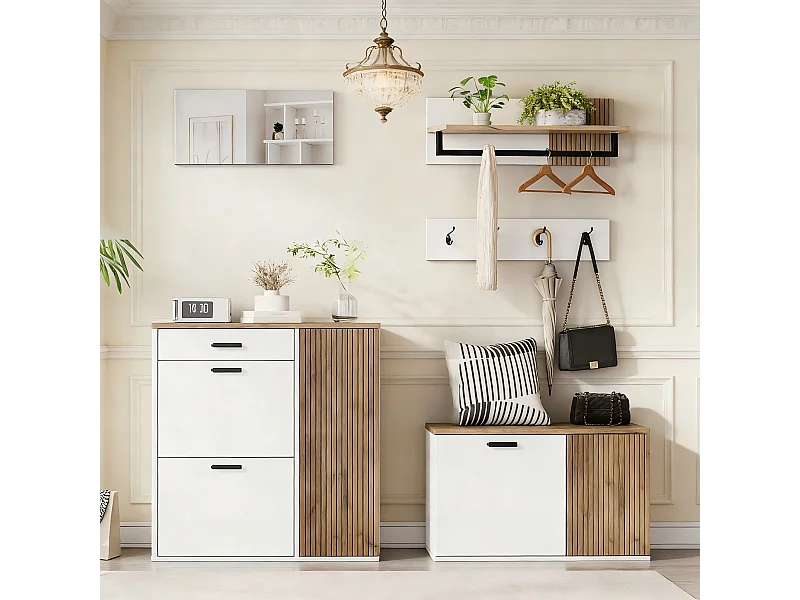 Vestiaire 5 pièces - avec meuble à chaussures + banc à chaussures + miroir + porte-manteau (4 crochets) - aggloméré - blanc