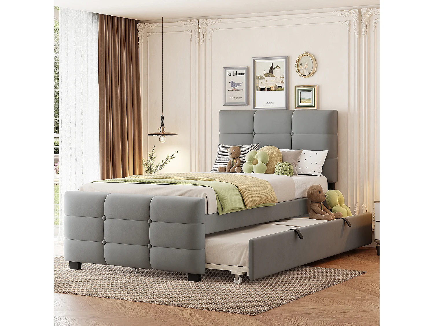 Letto imbottito per bambini - 90 x 190 cm - con letto estraibile 90 x 190 + testiera - MDF + Metallo + Velluto - grigio