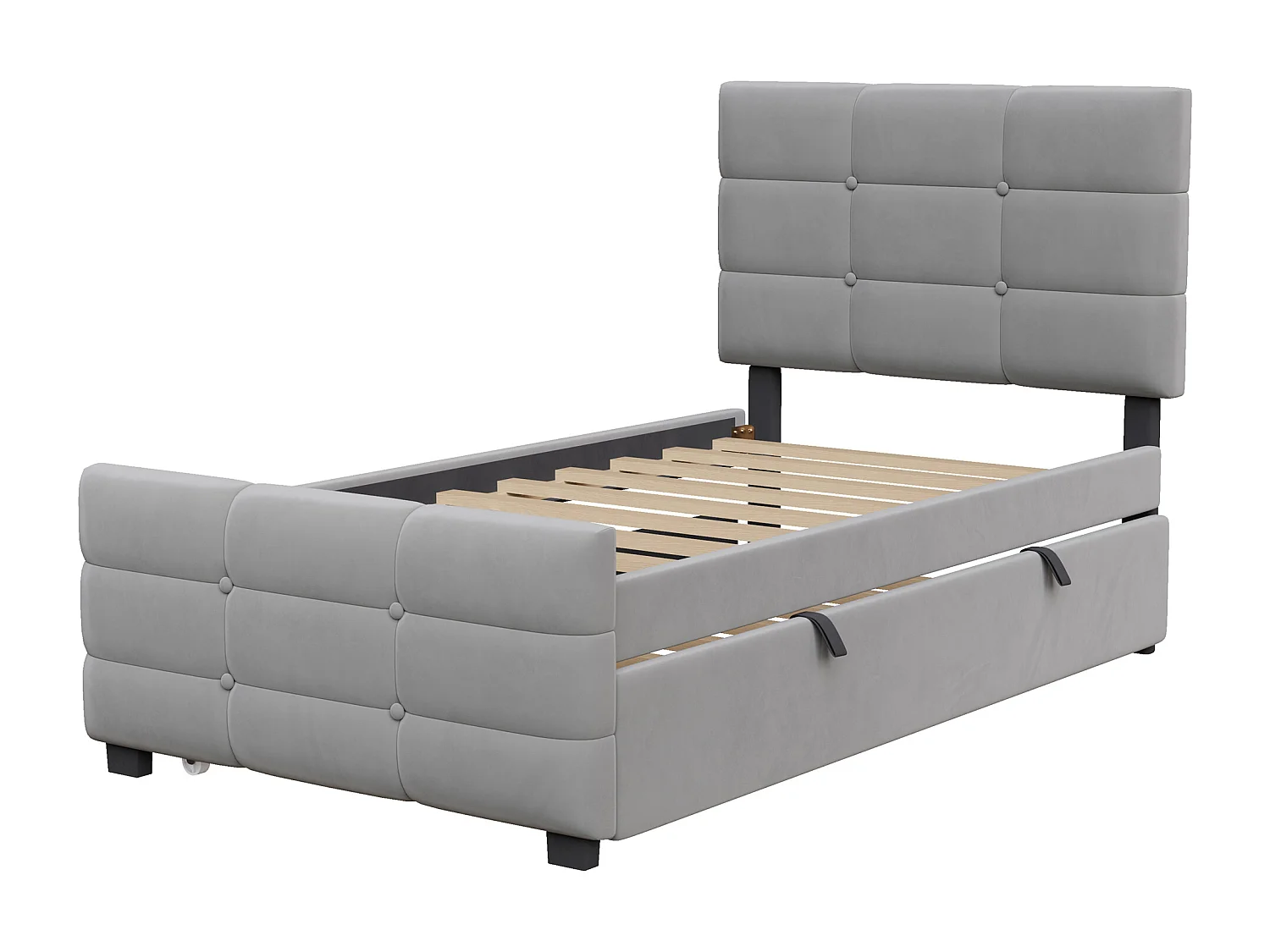 Letto imbottito per bambini - 90 x 190 cm - con letto estraibile 90 x 190 + testiera - MDF + Metallo + Velluto - grigio