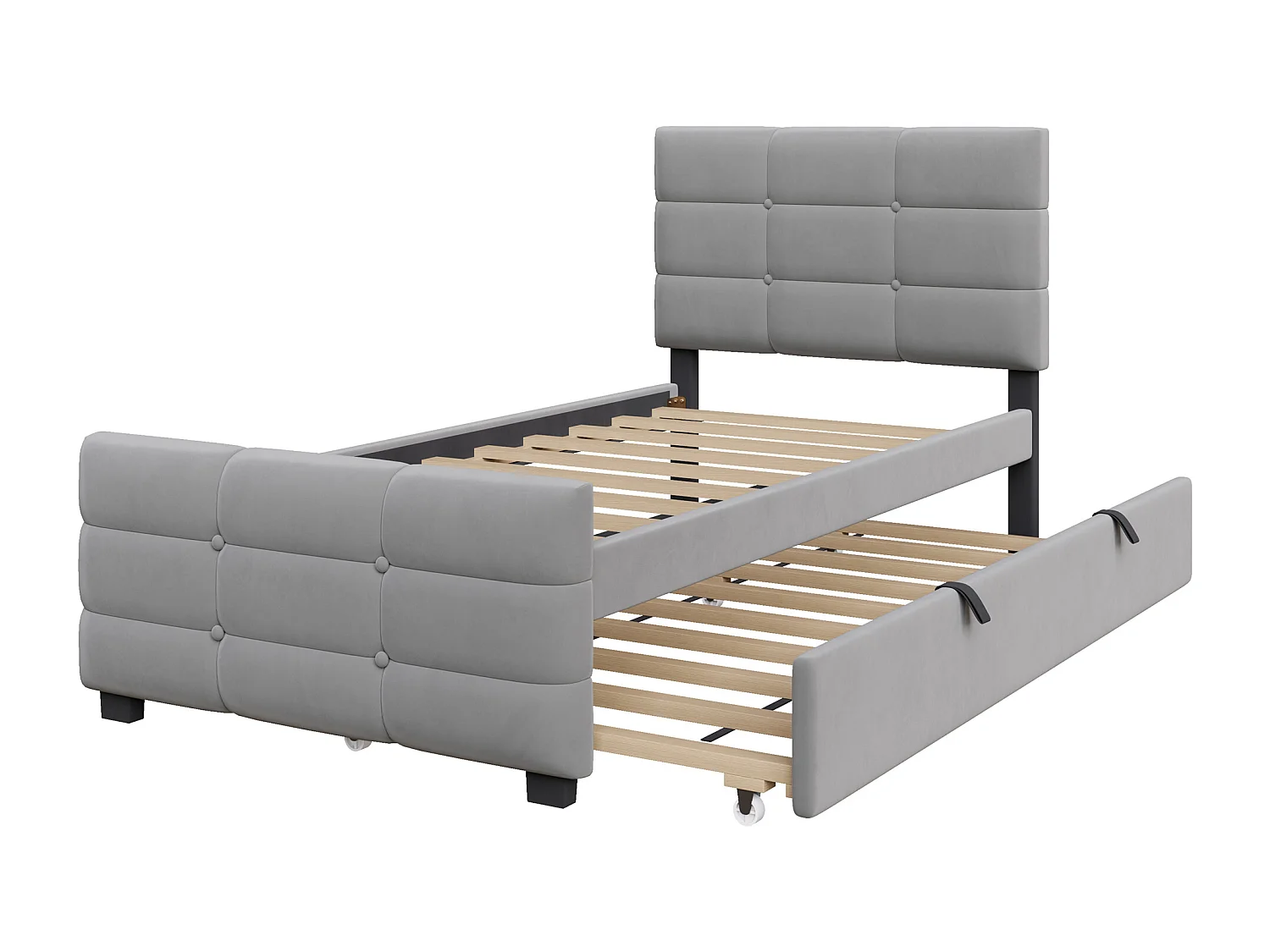 Letto imbottito per bambini - 90 x 190 cm - con letto estraibile 90 x 190 + testiera - MDF + Metallo + Velluto - grigio