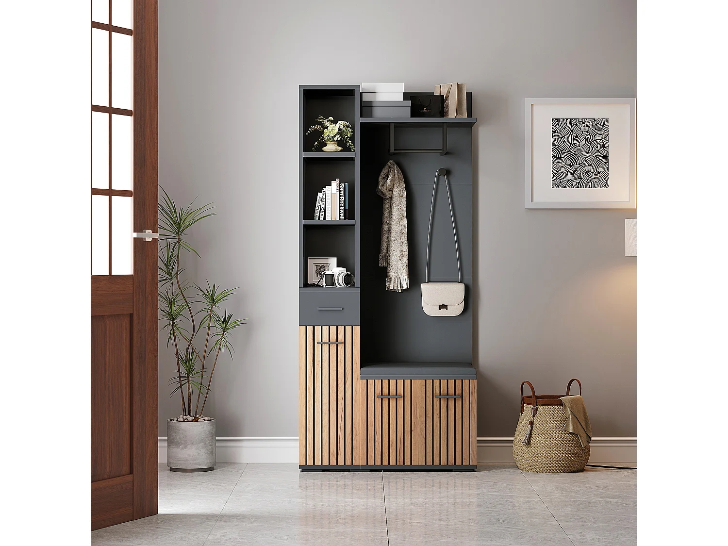 Kledingkast met 2 haken - 80 x 35 x 175 cm - met schoenenbankje + kast + 1 lade - spaanplaat - zwart