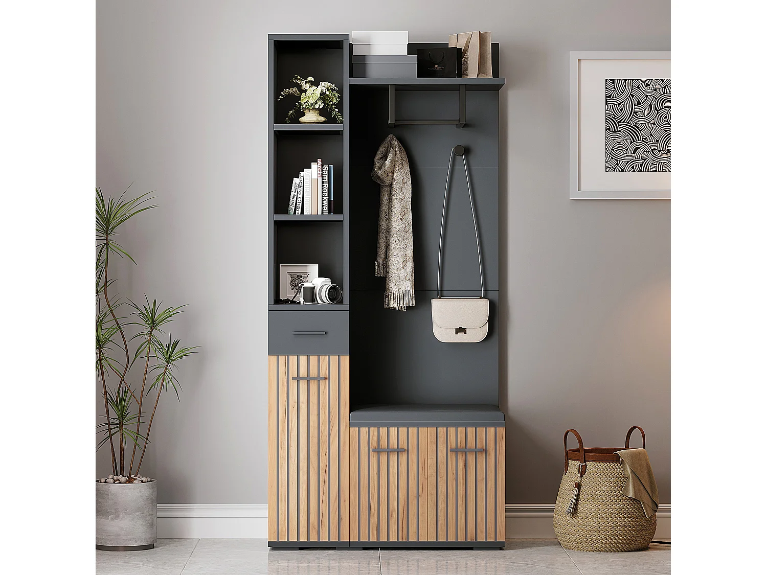 Coat rack with 2 hooks - 80 x 35 x 175 cm - with shoe bench + cabinet + 1 drawer - particleboard - black
