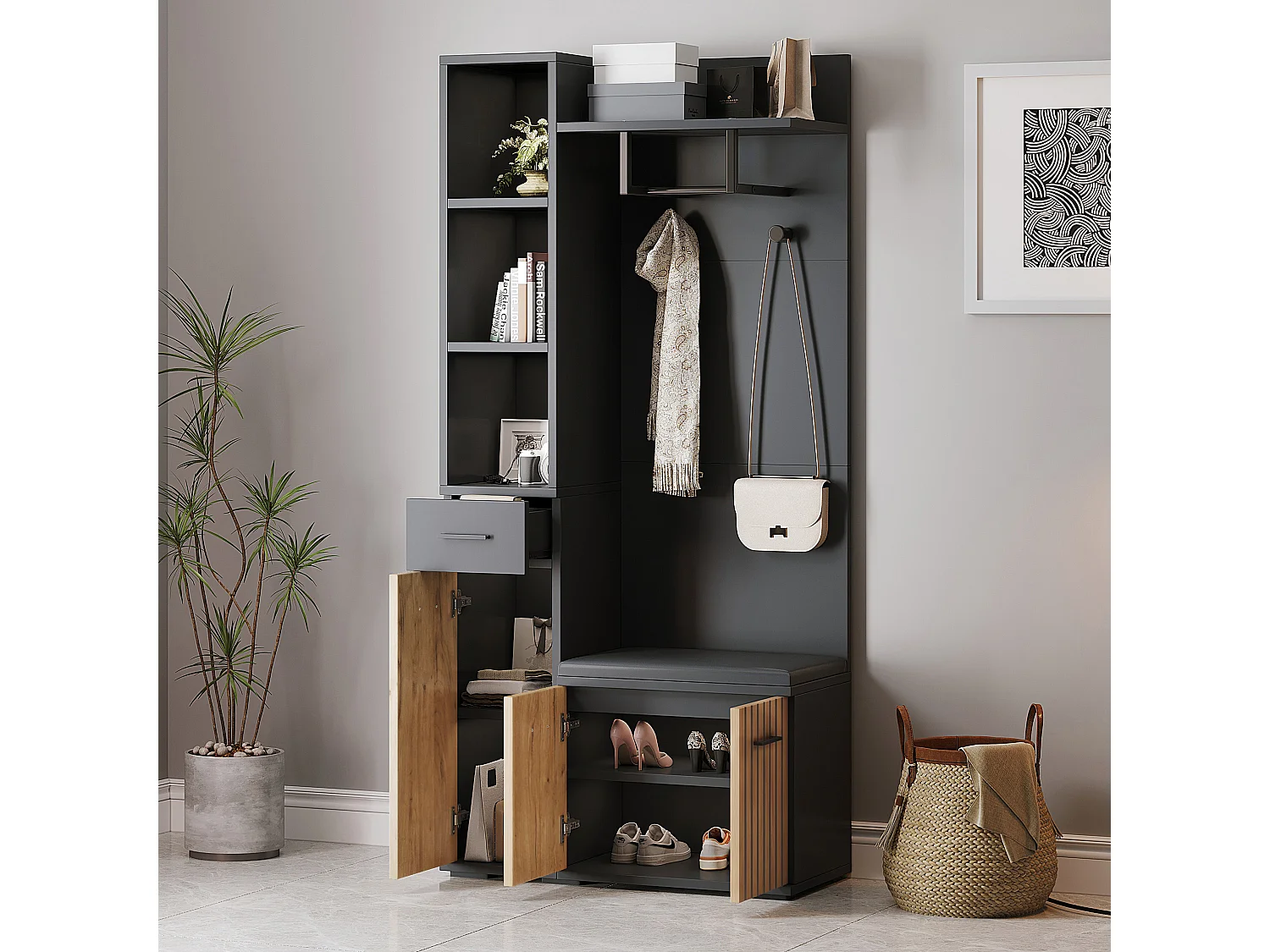 Coat rack with 2 hooks - 80 x 35 x 175 cm - with shoe bench + cabinet + 1 drawer - particleboard - black