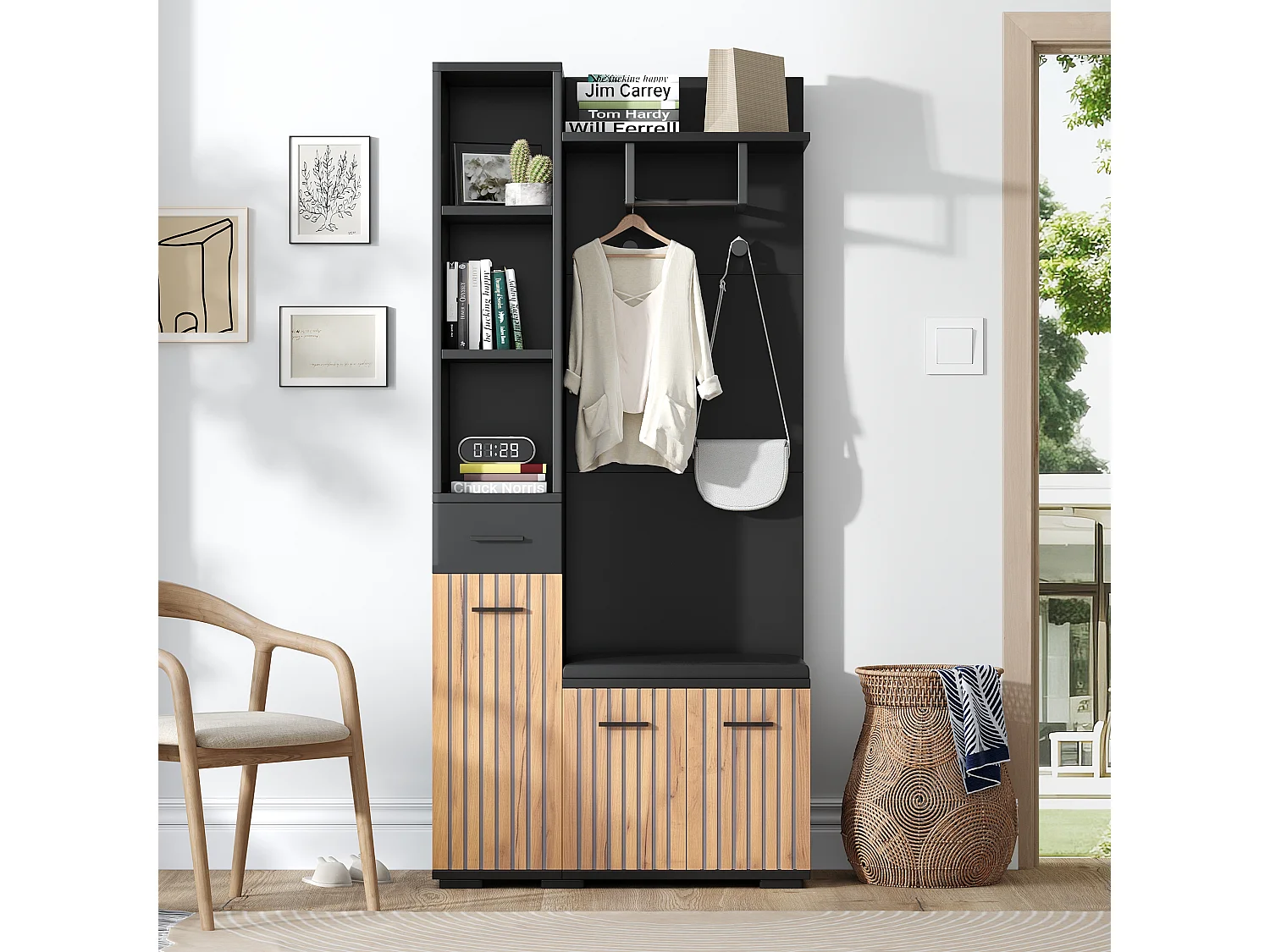 Coat rack with 2 hooks - 80 x 35 x 175 cm - with shoe bench + cabinet + 1 drawer - particleboard - black