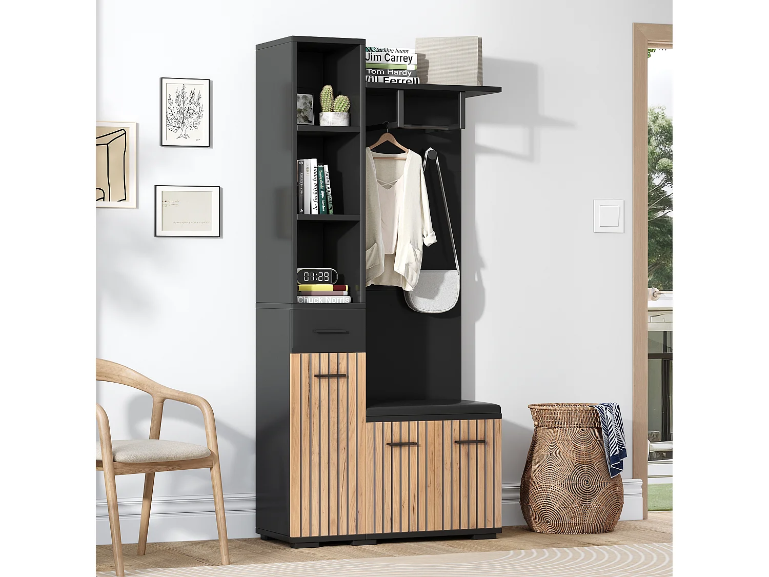 Coat rack with 2 hooks - 80 x 35 x 175 cm - with shoe bench + cabinet + 1 drawer - particleboard - black