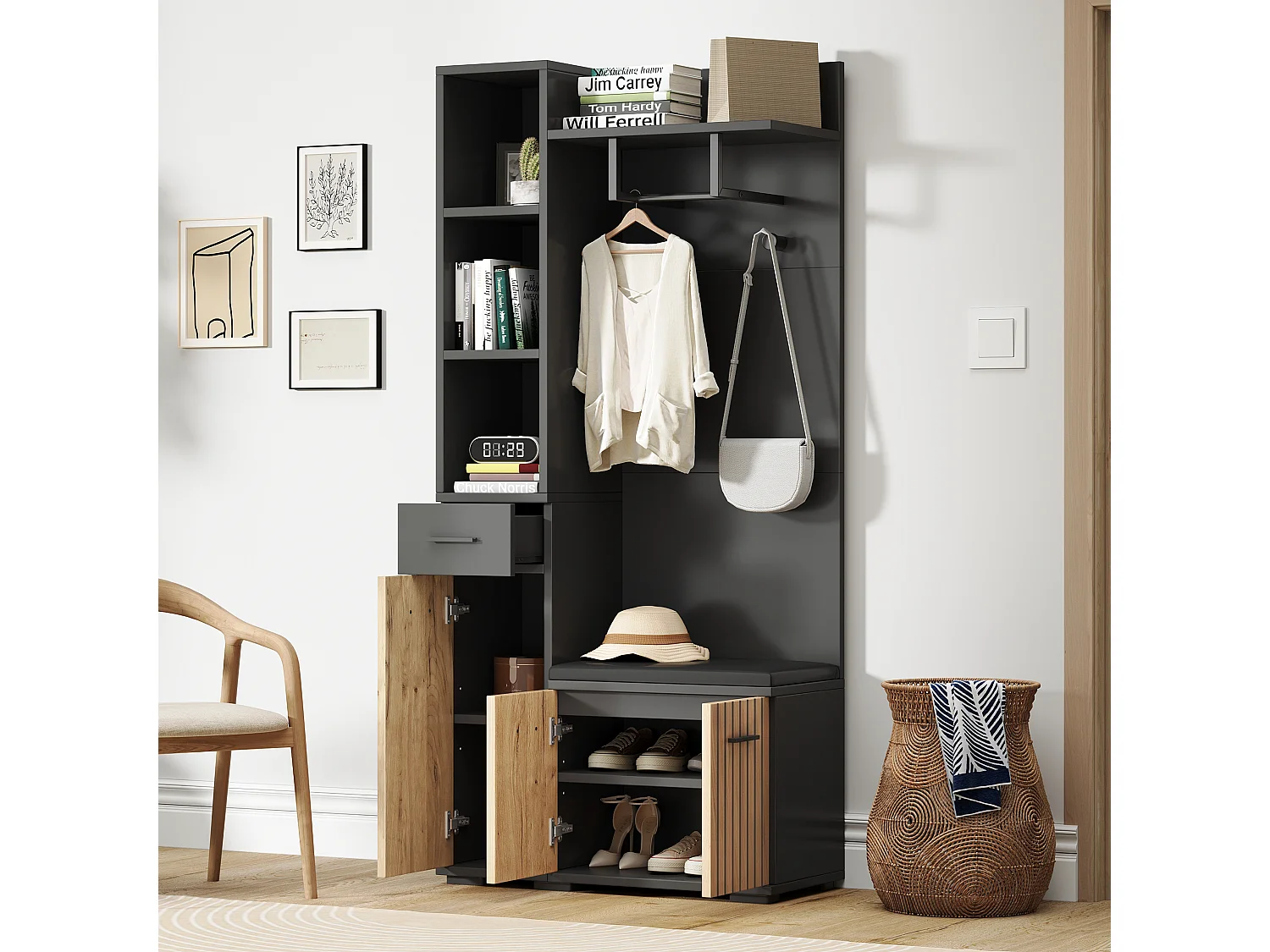 Coat rack with 2 hooks - 80 x 35 x 175 cm - with shoe bench + cabinet + 1 drawer - particleboard - black