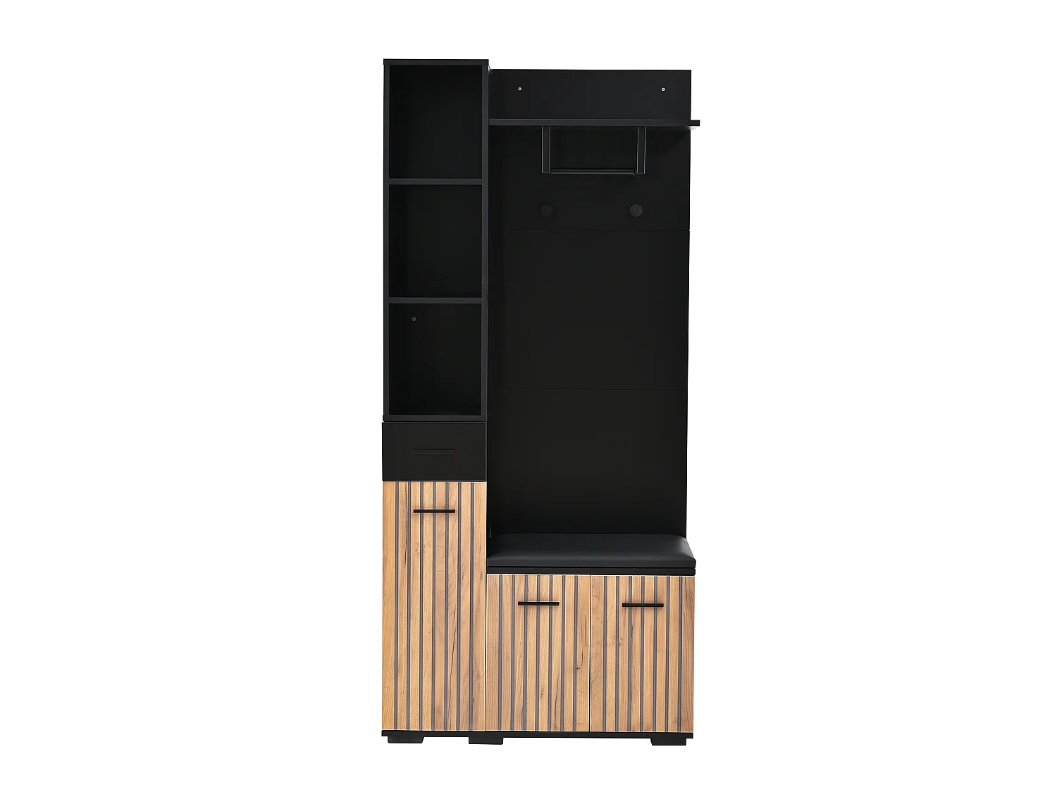 Coat rack with 2 hooks - 80 x 35 x 175 cm - with shoe bench + cabinet + 1 drawer - particleboard - black