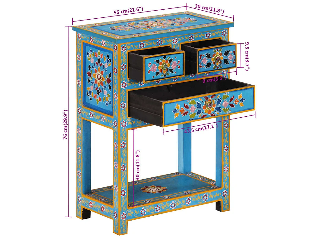 Credenza Turchese 55x30x76 cm in Legno Massello di Mango