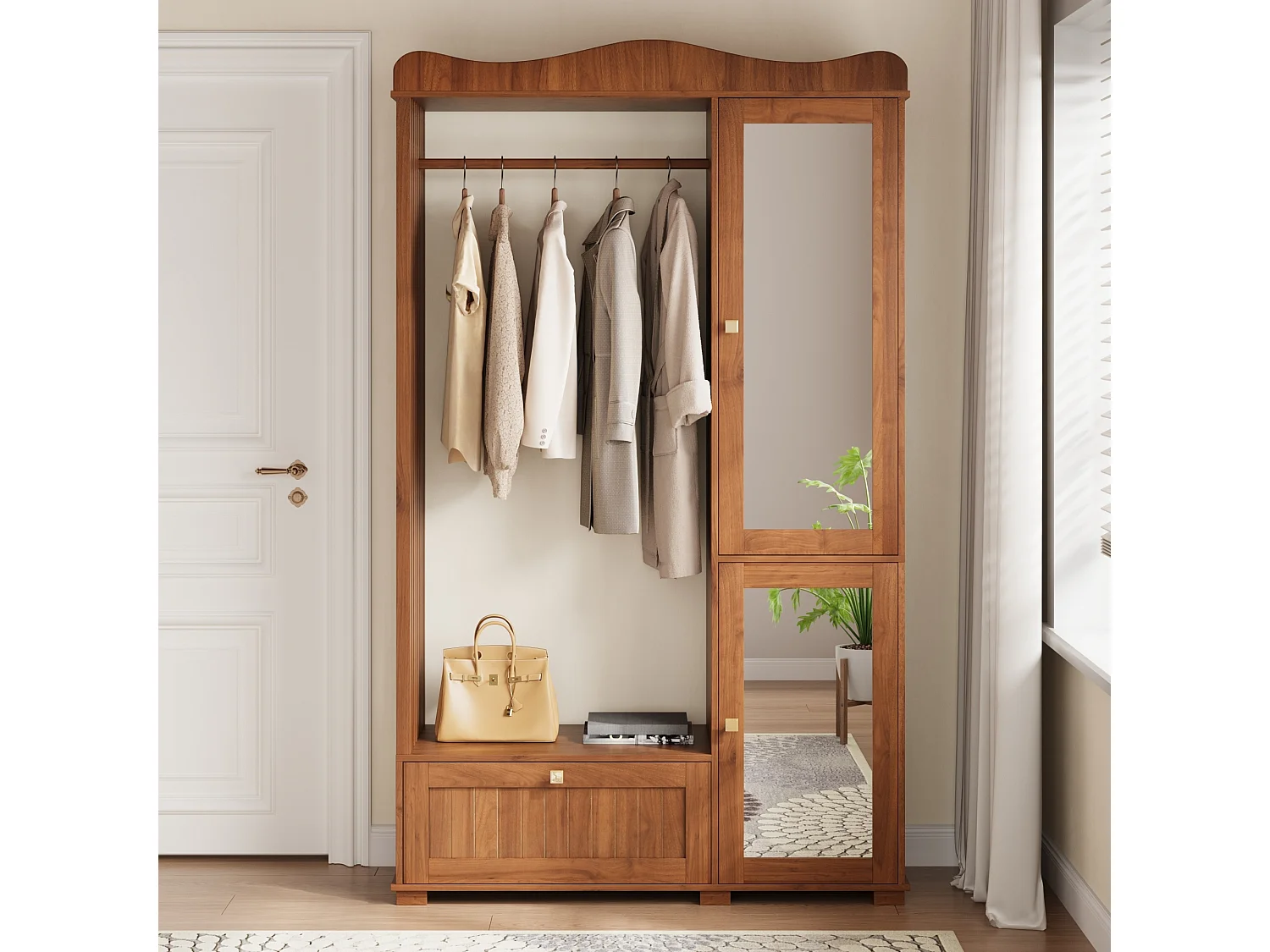 Moderner, kompakter Kleiderschrank – 115,5 x 38,5 x 194,5 cm – mit Spiegel, offener Kleiderstange, Schublade und 2 Türen – MDF – braun