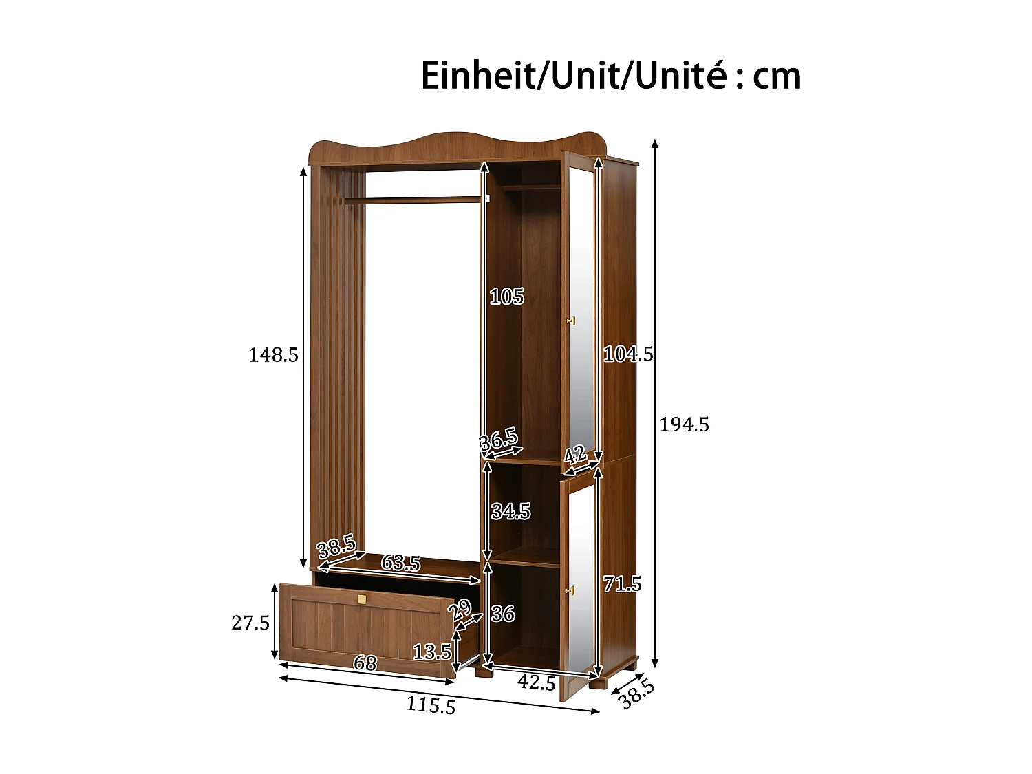 Moderner, kompakter Kleiderschrank – 115,5 x 38,5 x 194,5 cm – mit Spiegel, offener Kleiderstange, Schublade und 2 Türen – MDF – braun