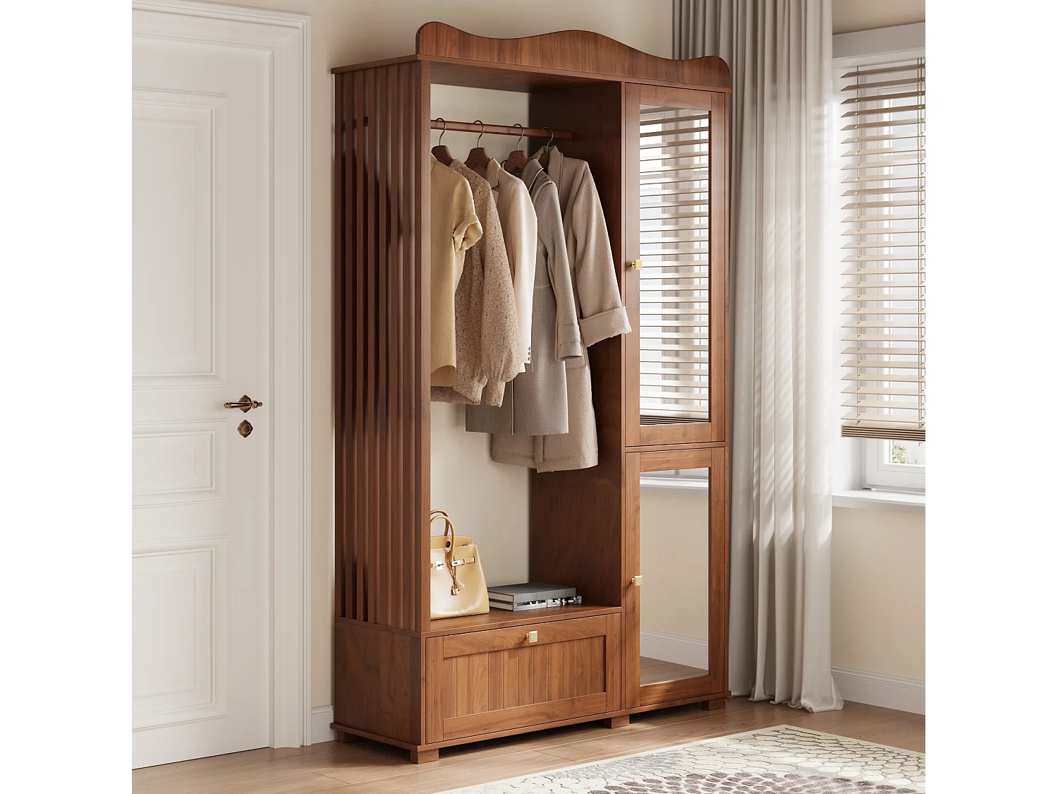 Moderner, kompakter Kleiderschrank – 115,5 x 38,5 x 194,5 cm – mit Spiegel, offener Kleiderstange, Schublade und 2 Türen – MDF – braun