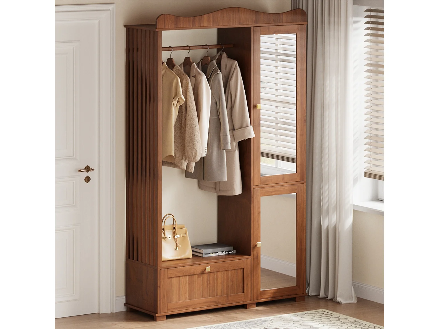 Moderner, kompakter Kleiderschrank – 115,5 x 38,5 x 194,5 cm – mit Spiegel, offener Kleiderstange, Schublade und 2 Türen – MDF – braun