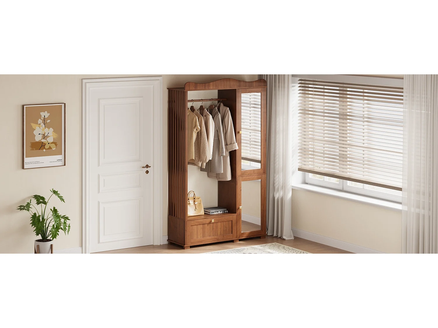 Moderner, kompakter Kleiderschrank – 115,5 x 38,5 x 194,5 cm – mit Spiegel, offener Kleiderstange, Schublade und 2 Türen – MDF – braun