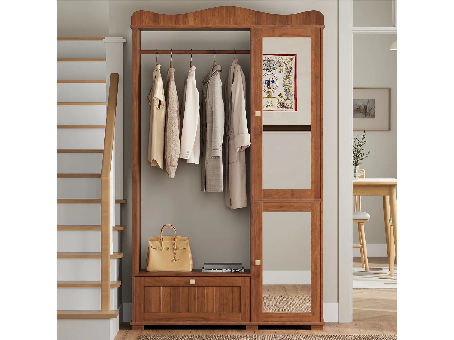 Moderner, kompakter Kleiderschrank – 115,5 x 38,5 x 194,5 cm – mit Spiegel, offener Kleiderstange, Schublade und 2 Türen – MDF – braun