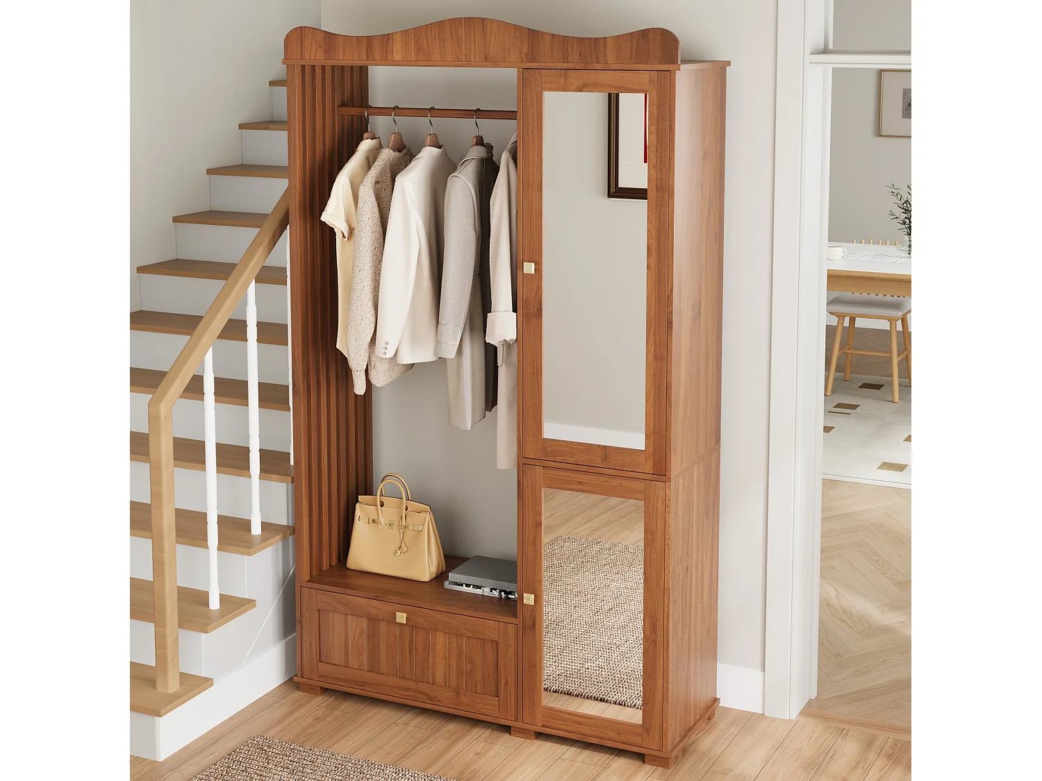 Moderner, kompakter Kleiderschrank – 115,5 x 38,5 x 194,5 cm – mit Spiegel, offener Kleiderstange, Schublade und 2 Türen – MDF – braun