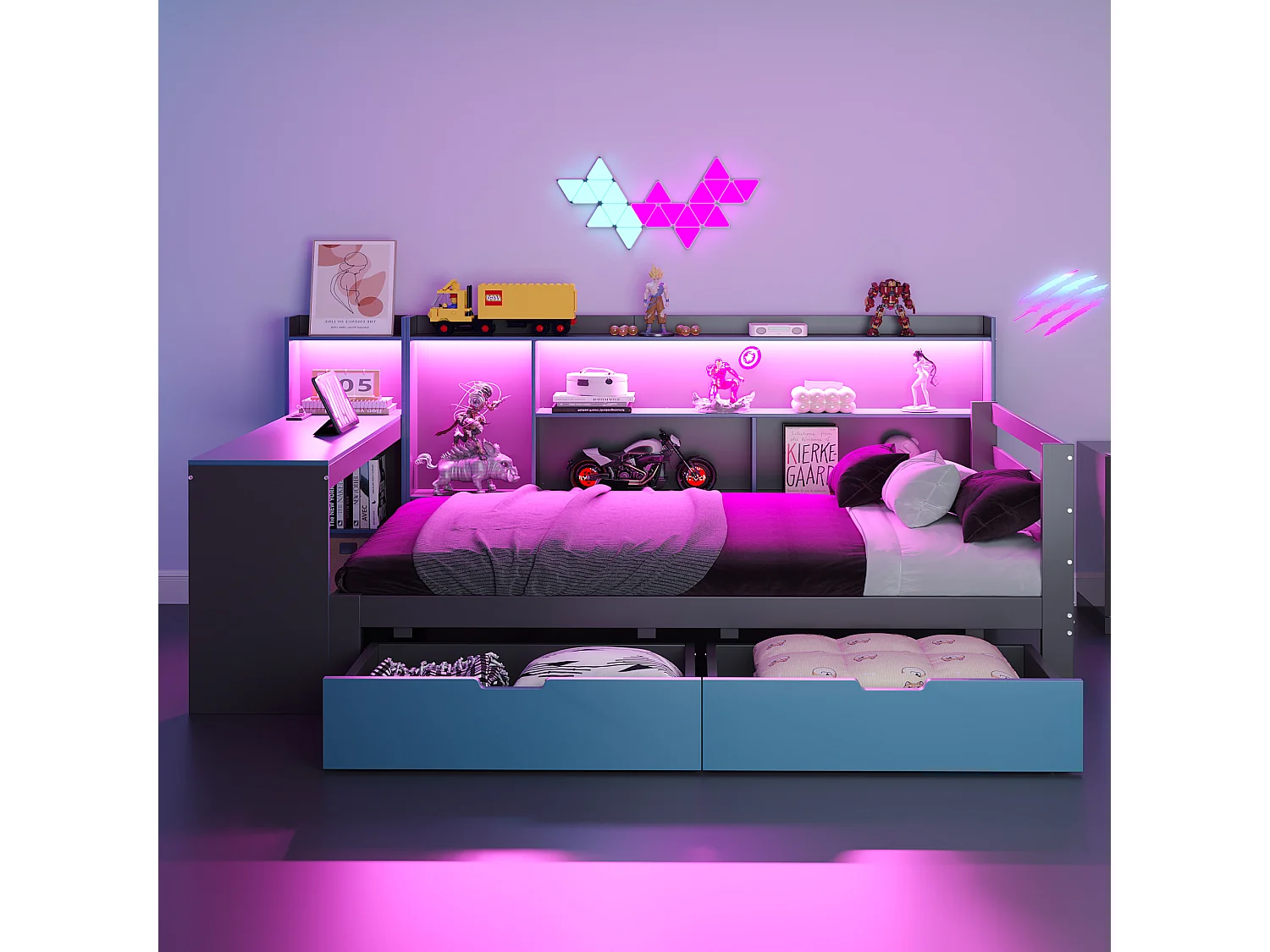 Canapé-lit en bois pour enfant - 90 x 200 cm - avec bureau + bibliothèque + étagères + Leds + prises - noir + bleu