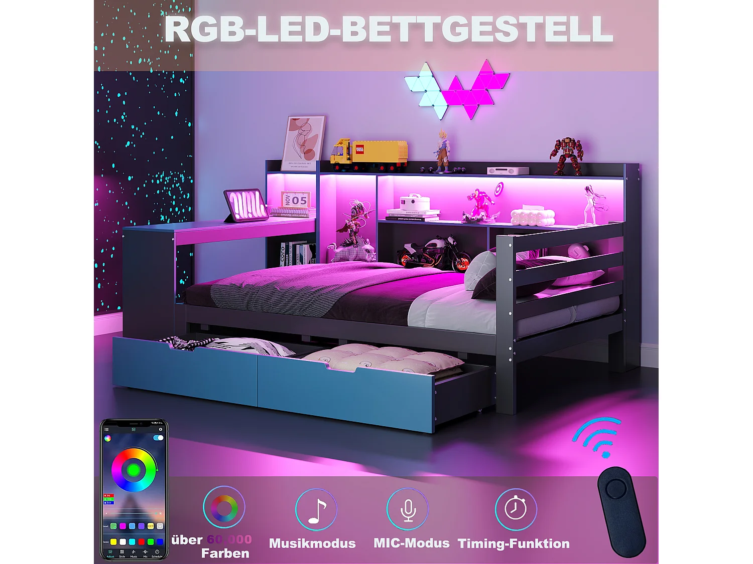 Canapé-lit en bois pour enfant - 90 x 200 cm - avec bureau + bibliothèque + étagères + Leds + prises - noir + bleu