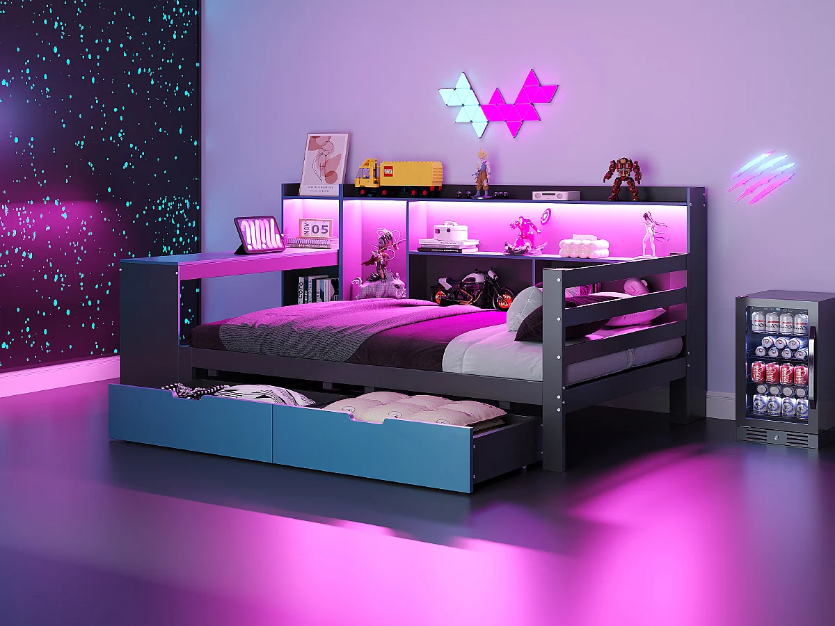 Canapé-lit en bois pour enfant - 90 x 200 cm - avec bureau + bibliothèque + étagères + Leds + prises - noir + bleu