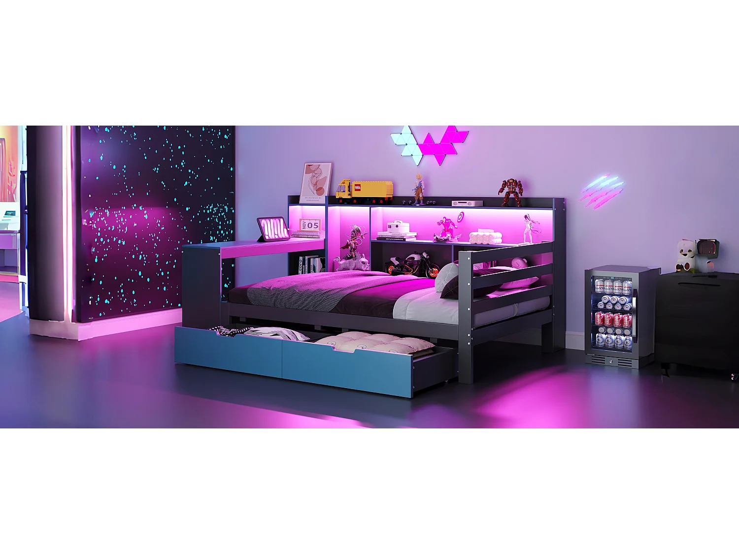 Canapé-lit en bois pour enfant - 90 x 200 cm - avec bureau + bibliothèque + étagères + Leds + prises - noir + bleu