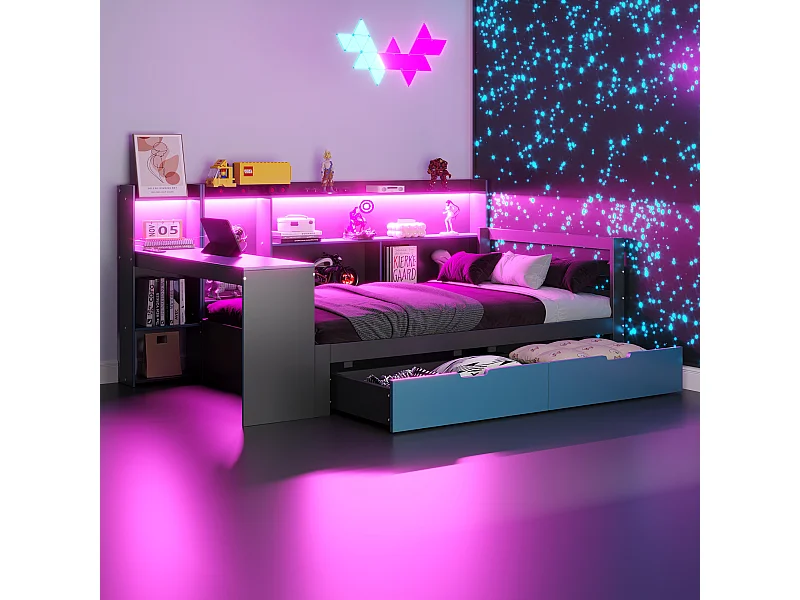 Canapé-lit en bois pour enfant - 90 x 200 cm - avec bureau + bibliothèque + étagères + Leds + prises - noir + bleu