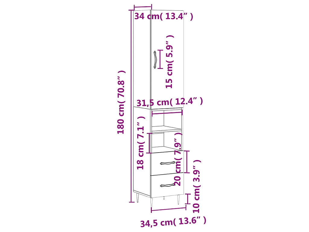 Buffet haut Gris béton 34,5x34x180 cm Bois d'ingénierie