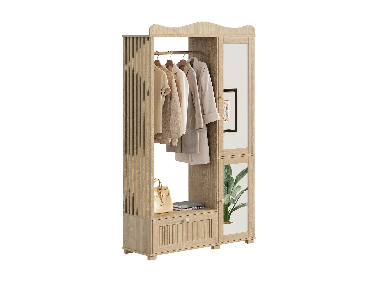 Moderner, kompakter Kleiderschrank – 115,5 x 38,5 x 194,5 cm – mit Spiegel, offener Kleiderstange, Schublade und 2 Türen – MDF – natur
