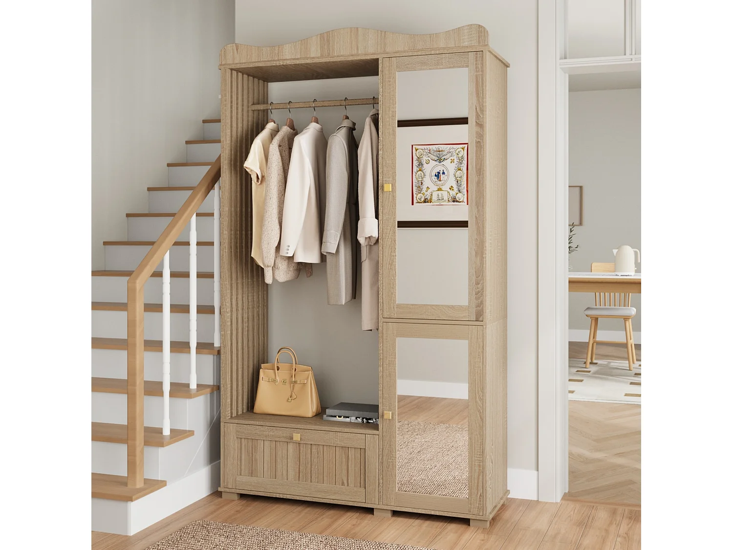 Moderner, kompakter Kleiderschrank – 115,5 x 38,5 x 194,5 cm – mit Spiegel, offener Kleiderstange, Schublade und 2 Türen – MDF – natur