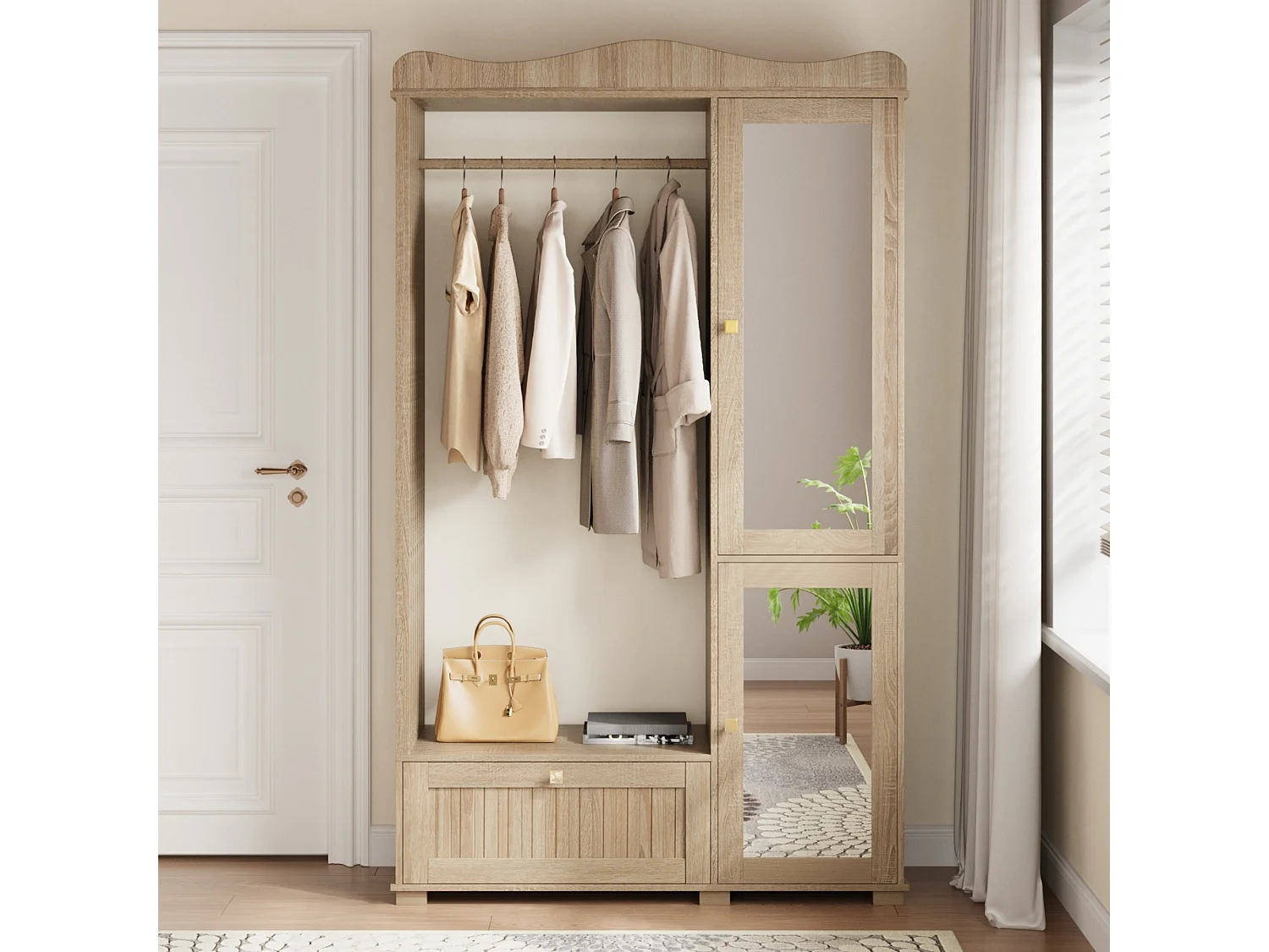 Moderner, kompakter Kleiderschrank – 115,5 x 38,5 x 194,5 cm – mit Spiegel, offener Kleiderstange, Schublade und 2 Türen – MDF – natur