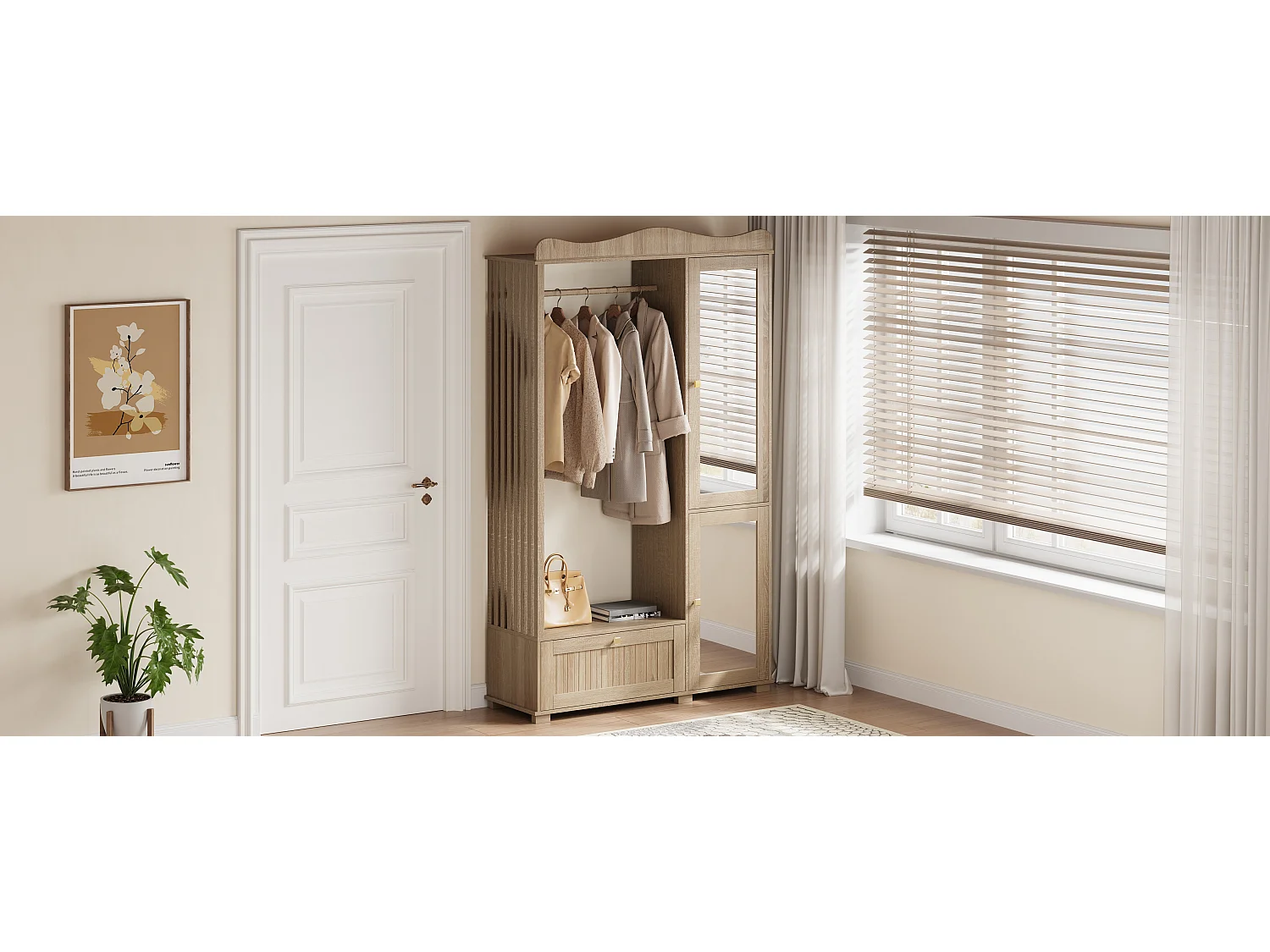 Moderner, kompakter Kleiderschrank – 115,5 x 38,5 x 194,5 cm – mit Spiegel, offener Kleiderstange, Schublade und 2 Türen – MDF – natur