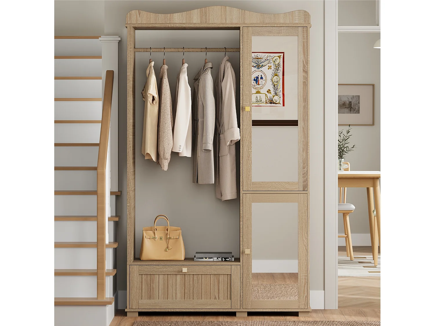 Moderner, kompakter Kleiderschrank – 115,5 x 38,5 x 194,5 cm – mit Spiegel, offener Kleiderstange, Schublade und 2 Türen – MDF – natur