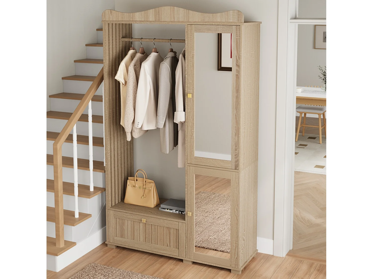Moderner, kompakter Kleiderschrank – 115,5 x 38,5 x 194,5 cm – mit Spiegel, offener Kleiderstange, Schublade und 2 Türen – MDF – natur