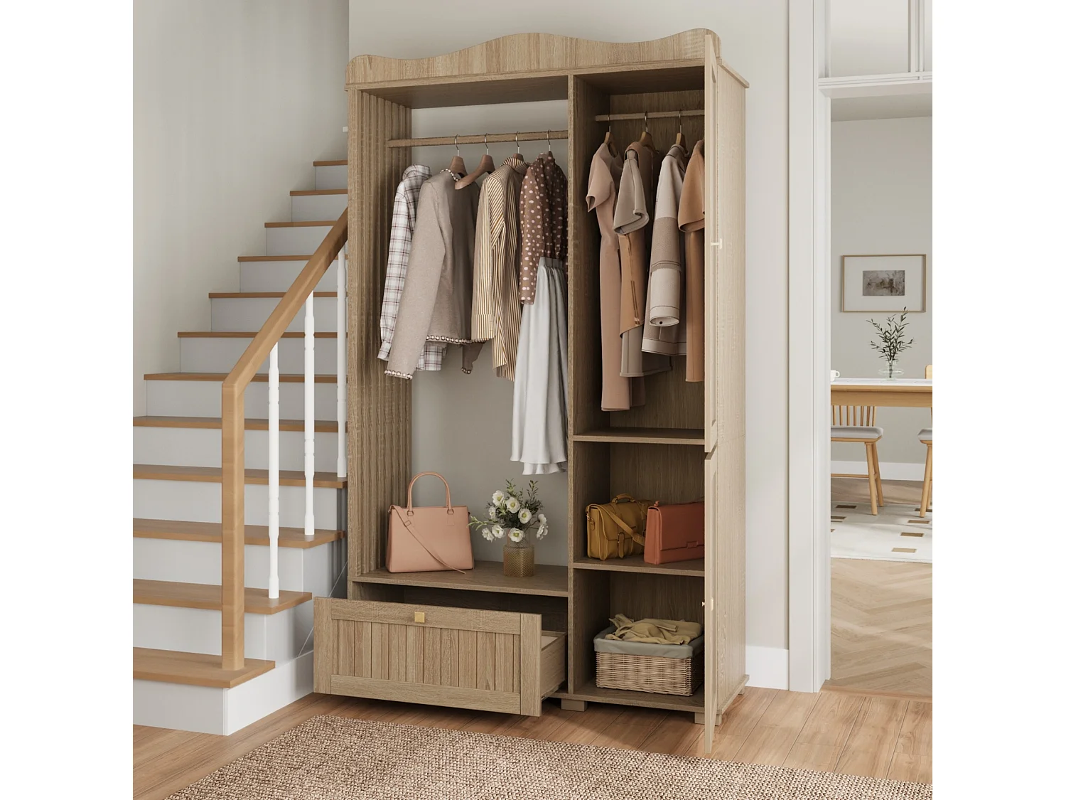 Moderner, kompakter Kleiderschrank – 115,5 x 38,5 x 194,5 cm – mit Spiegel, offener Kleiderstange, Schublade und 2 Türen – MDF – natur