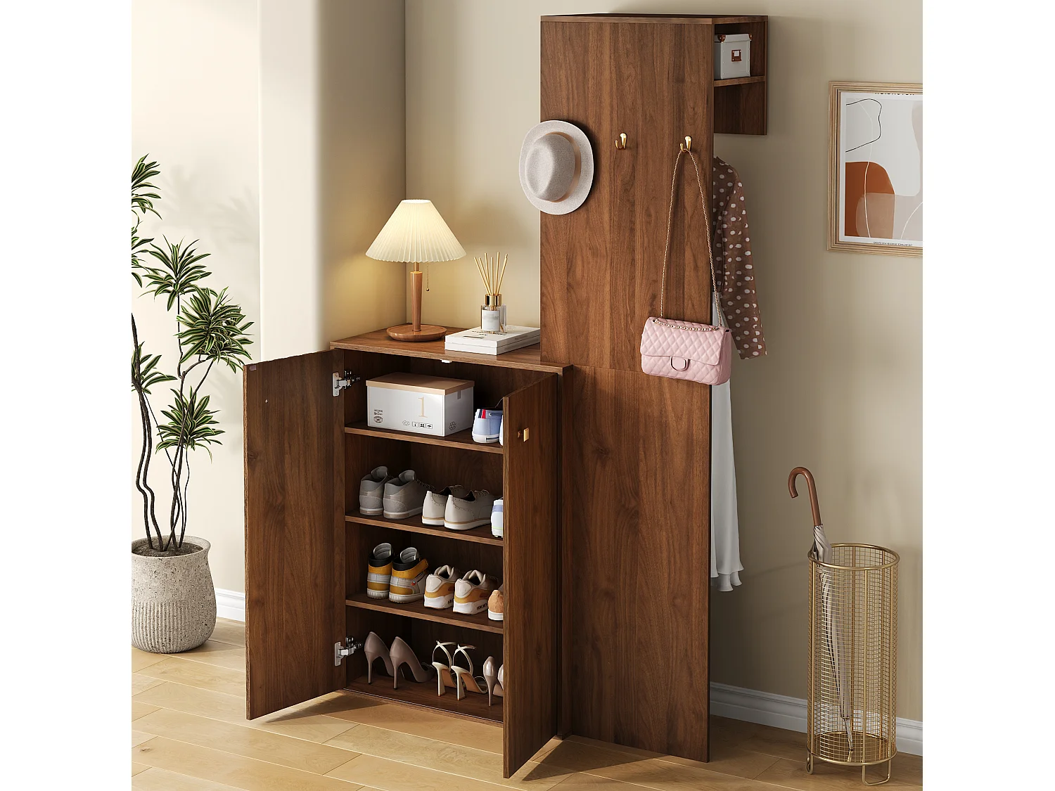 Moderner Kleiderschrank/Garderoben-Einsatz – 115 x 38,5 x 191,5 cm – mit Schuhschrank, Haken und Kleiderstange – MDF – braun