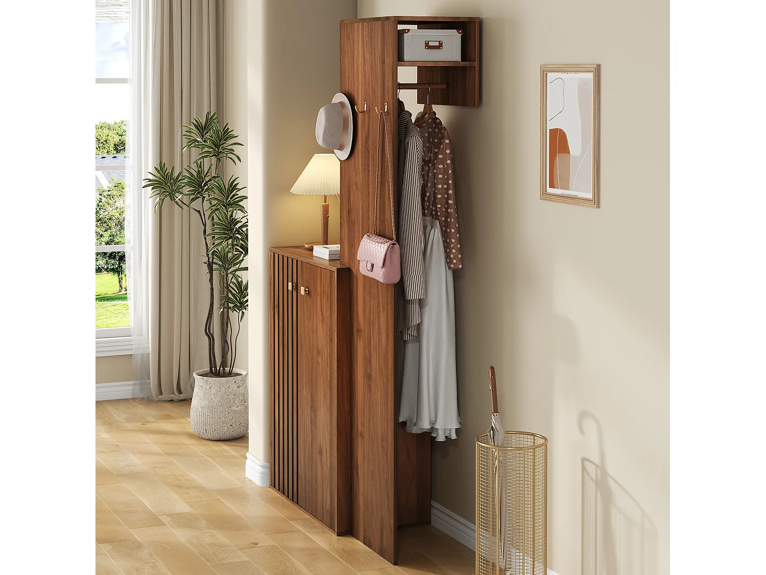 Moderner Kleiderschrank/Garderoben-Einsatz – 115 x 38,5 x 191,5 cm – mit Schuhschrank, Haken und Kleiderstange – MDF – braun