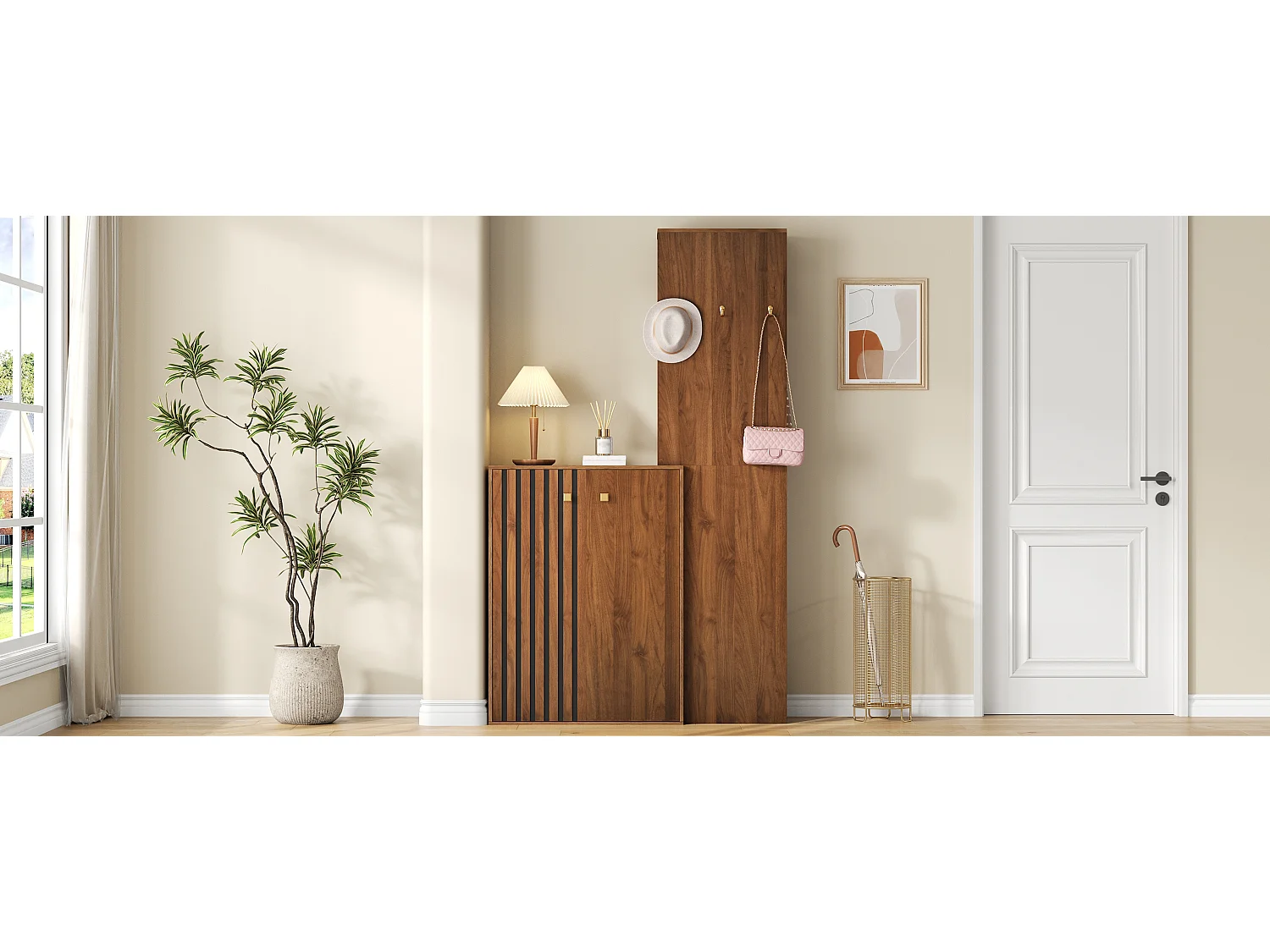 Moderner Kleiderschrank/Garderoben-Einsatz – 115 x 38,5 x 191,5 cm – mit Schuhschrank, Haken und Kleiderstange – MDF – braun