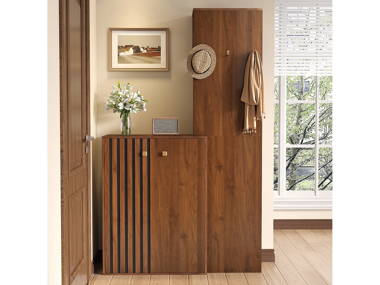 Moderner Kleiderschrank/Garderoben-Einsatz – 115 x 38,5 x 191,5 cm – mit Schuhschrank, Haken und Kleiderstange – MDF – braun