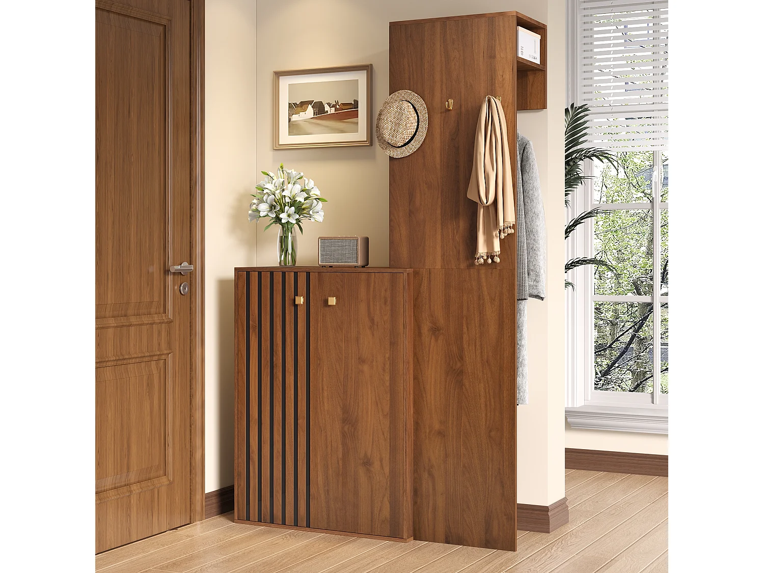 Moderner Kleiderschrank/Garderoben-Einsatz – 115 x 38,5 x 191,5 cm – mit Schuhschrank, Haken und Kleiderstange – MDF – braun