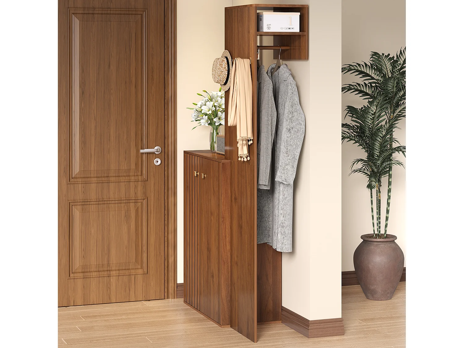 Moderner Kleiderschrank/Garderoben-Einsatz – 115 x 38,5 x 191,5 cm – mit Schuhschrank, Haken und Kleiderstange – MDF – braun
