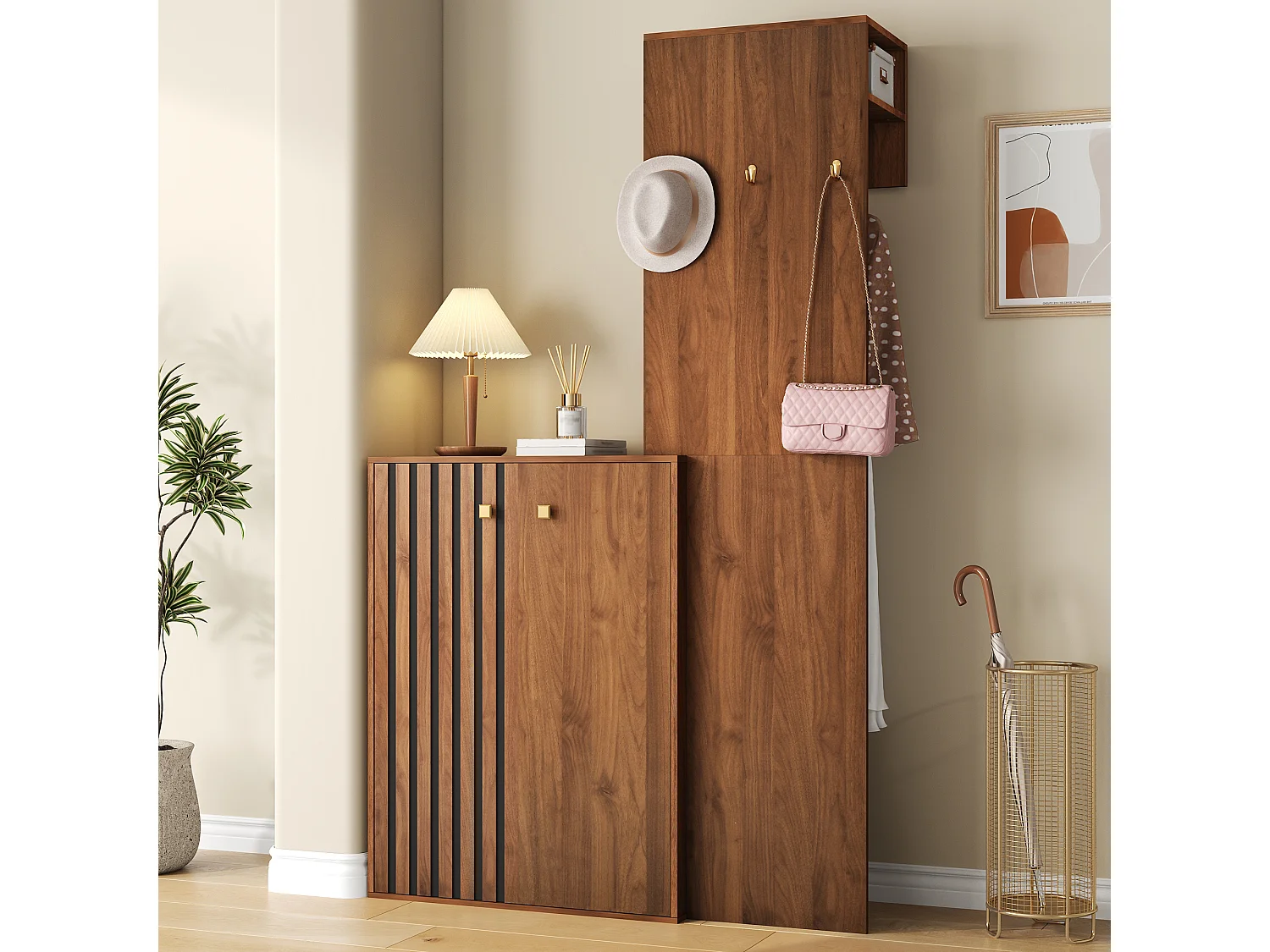 Ensemble de dressing/vestiaire moderne - 115 x 38.5 x 191.5 cm - avec meuble à chaussures + crochets et tringle à vêtements - MDF - marron