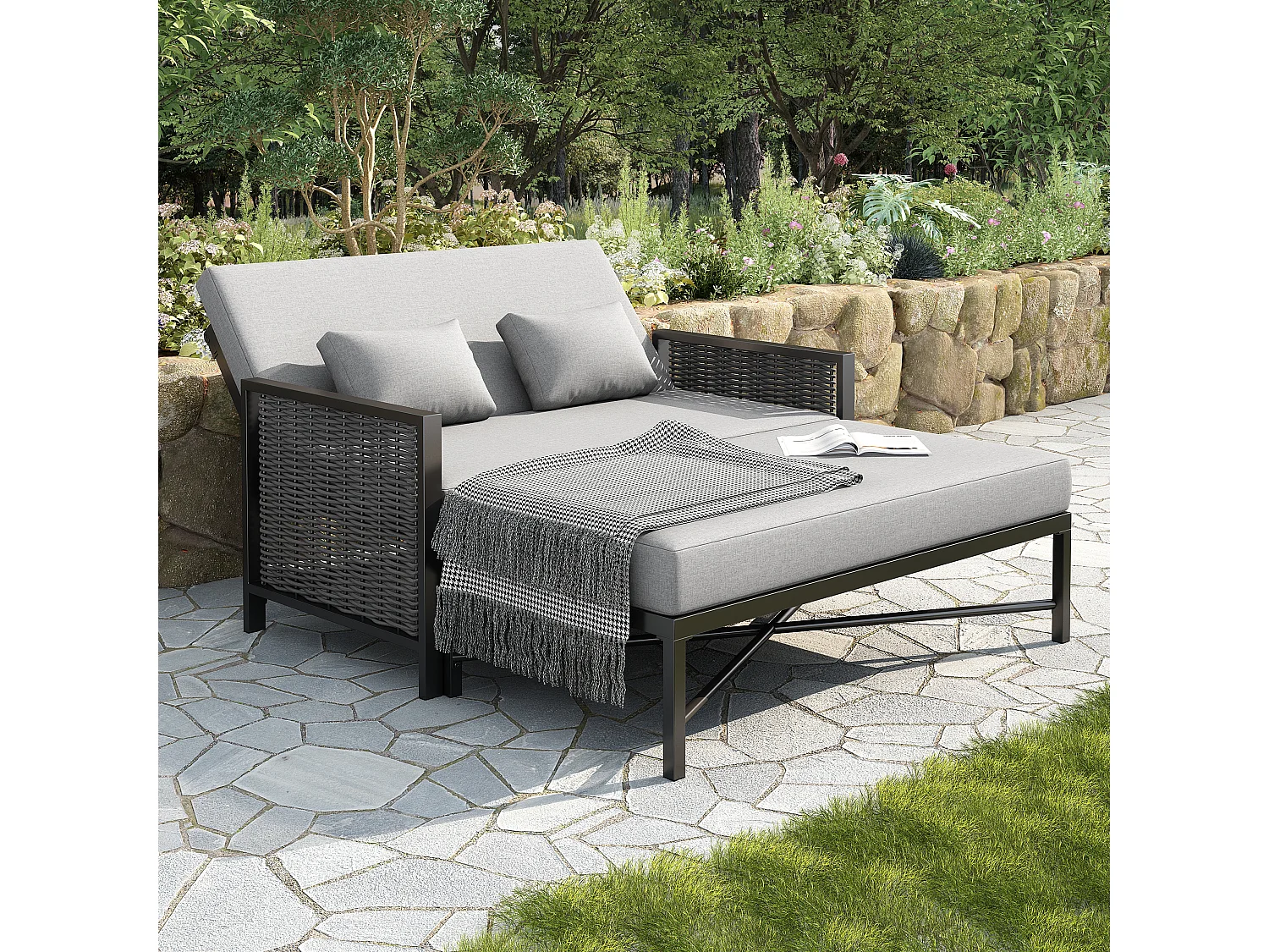 Canapé de jardin 2 places - 151.3 x 131.5 x 91 cm - canapé avec dossier réglable + repose-pieds rétractable - Polyester - gris
