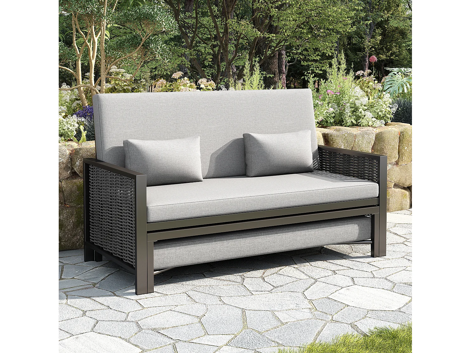 Canapé de jardin 2 places - 151.3 x 131.5 x 91 cm - canapé avec dossier réglable + repose-pieds rétractable - Polyester - gris