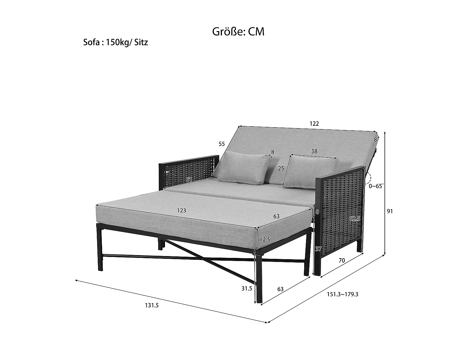 Canapé de jardin 2 places - 151.3 x 131.5 x 91 cm - canapé avec dossier réglable + repose-pieds rétractable - Polyester - gris