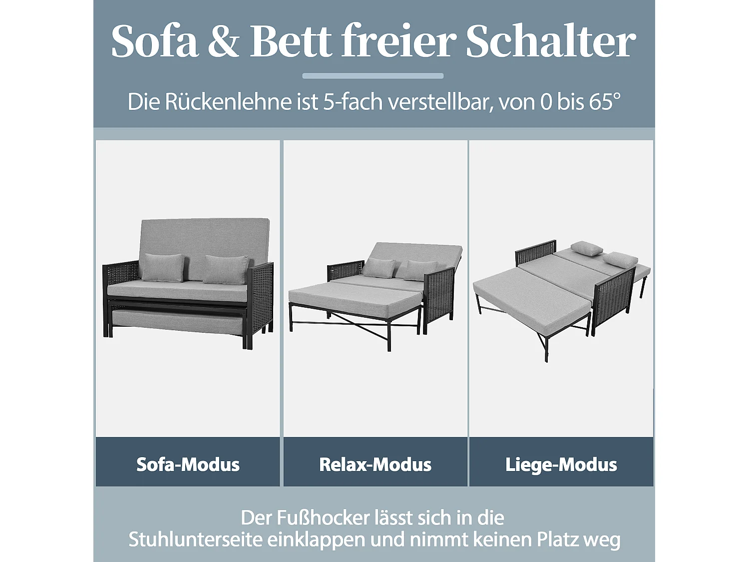 Canapé de jardin 2 places - 151.3 x 131.5 x 91 cm - canapé avec dossier réglable + repose-pieds rétractable - Polyester - gris