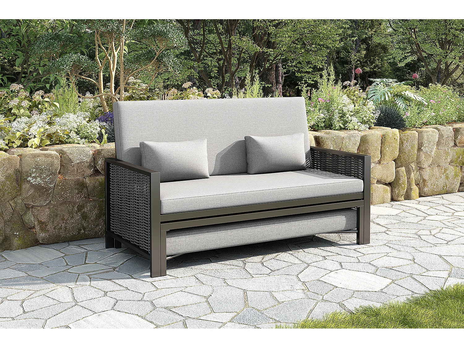Canapé de jardin 2 places - 151.3 x 131.5 x 91 cm - canapé avec dossier réglable + repose-pieds rétractable - Polyester - gris