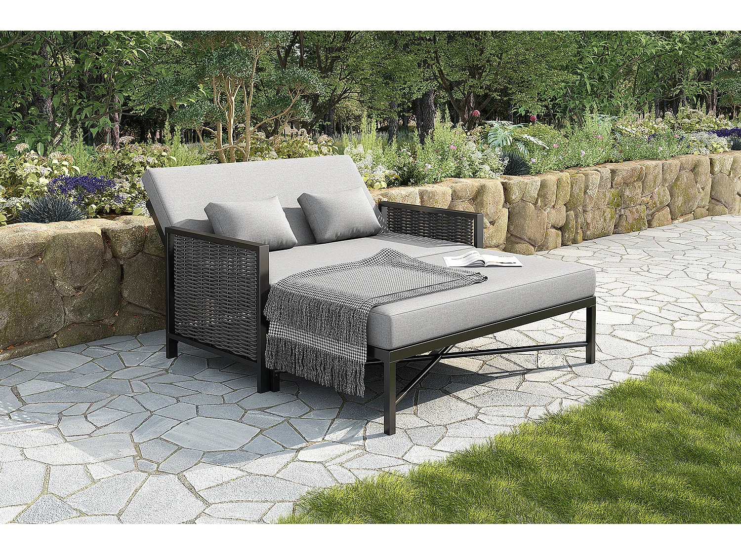Canapé de jardin 2 places - 151.3 x 131.5 x 91 cm - canapé avec dossier réglable + repose-pieds rétractable - Polyester - gris