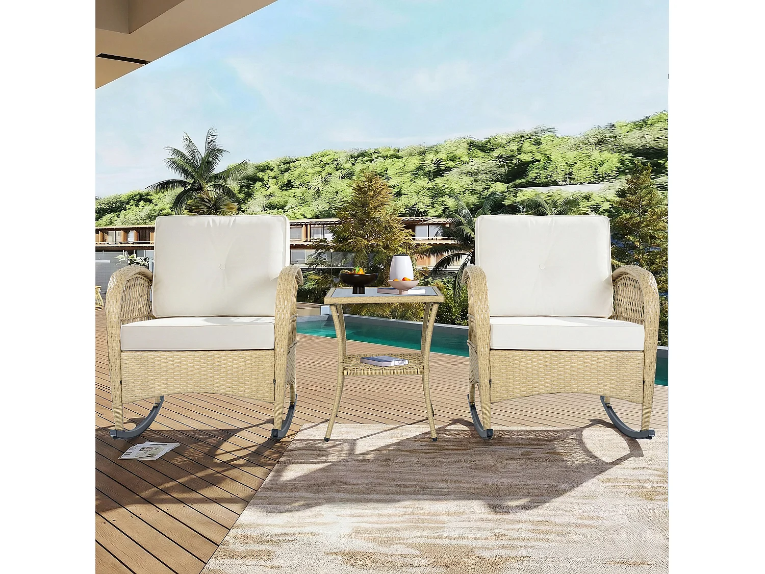 Conjunto de muebles de balcón de ratán (3 piezas) - 2 mecedoras con cojines + 1 mesa - Metal - beige