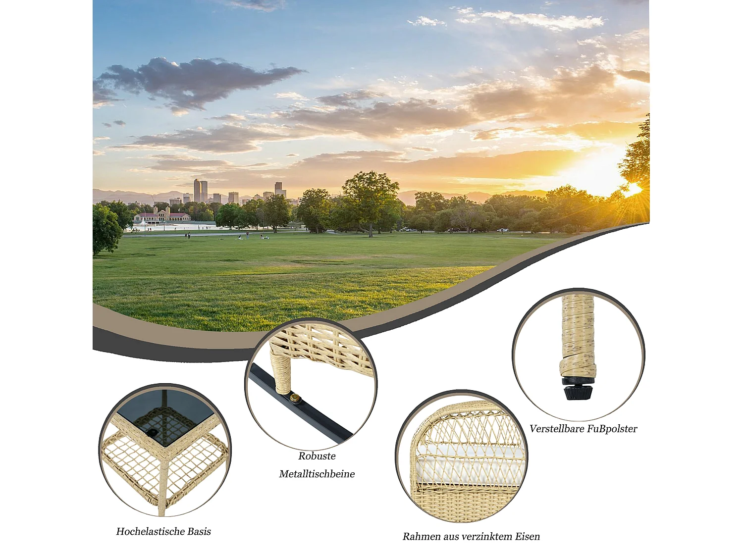 Conjunto de muebles de balcón de ratán (3 piezas) - 2 mecedoras con cojines + 1 mesa - Metal - beige